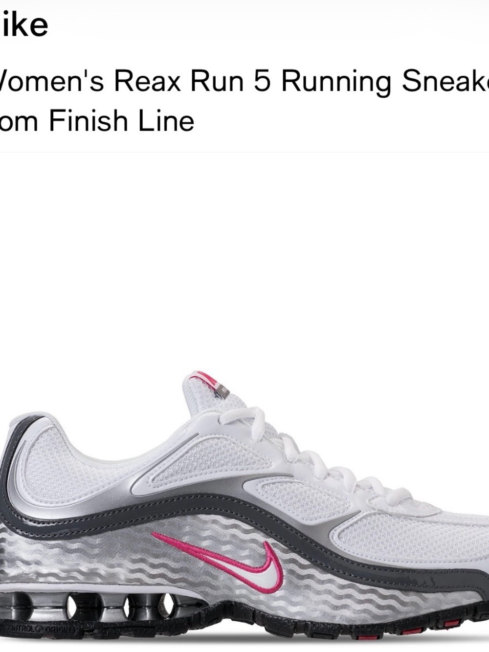 Nike NWOT Women's VINTAGE Reax Run 5 Running Shoe - White/Grey with Pink Swoosh